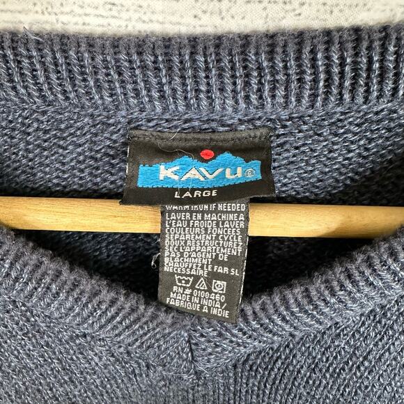 Kavu Mens size Large Cotton Long Sleeve V Neck Knit Sweater Blue - Picture 8 of 9